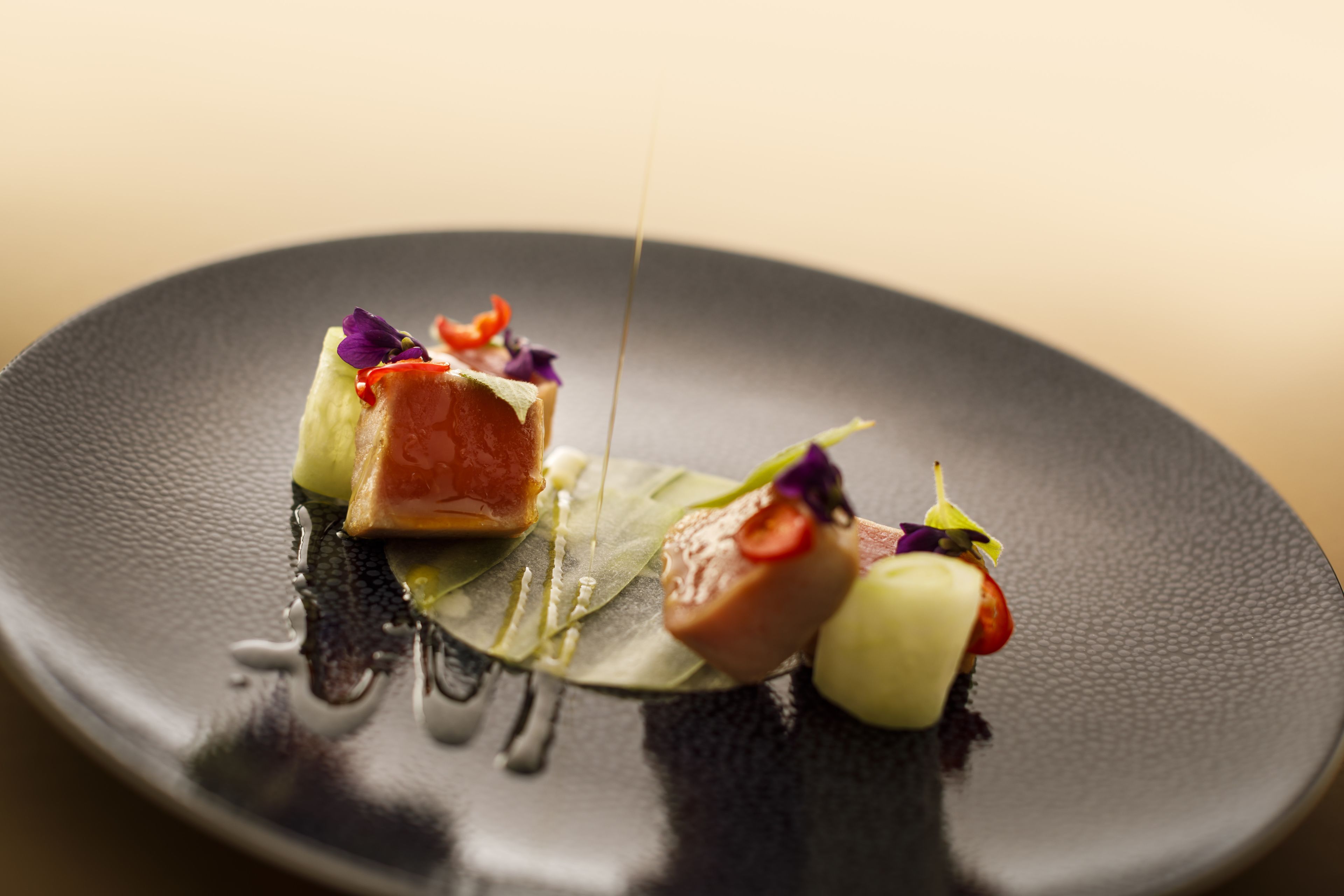 A black plate with a food arrangement including salmon, vegetables, and sauce.