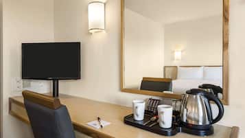 Desk, laptop workspace, blackout curtains, soundproofing