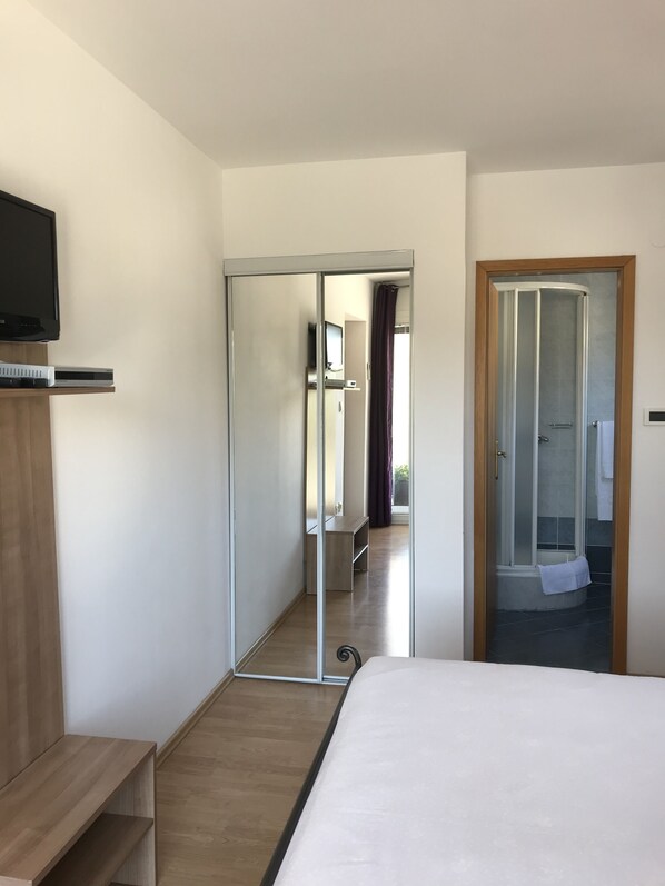 A hotel room with a bed, a TV, a mirror, and a shower area.