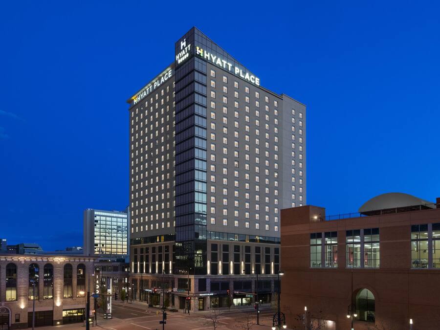 A multi-story hotel with a prominent 'Hyatt Place' sign at the top.