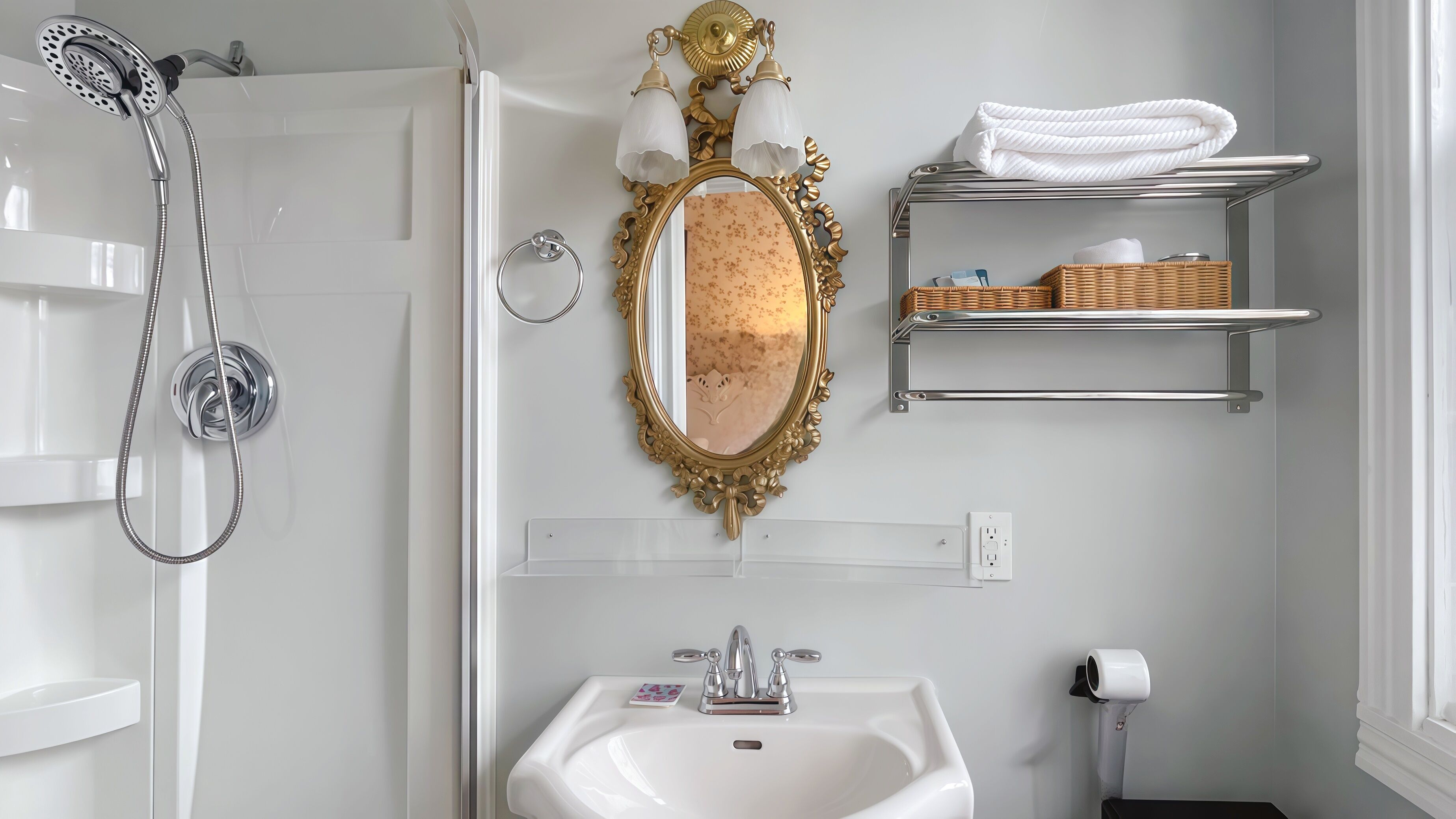 A bathroom with a shower, a sink, a mirror, and a towel rack.