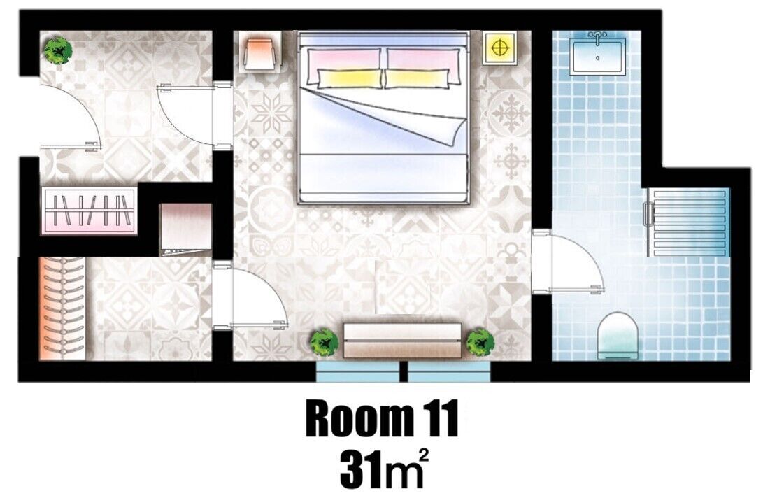 A room with a bed, a window, a sink, and a toilet. The room is 31m².