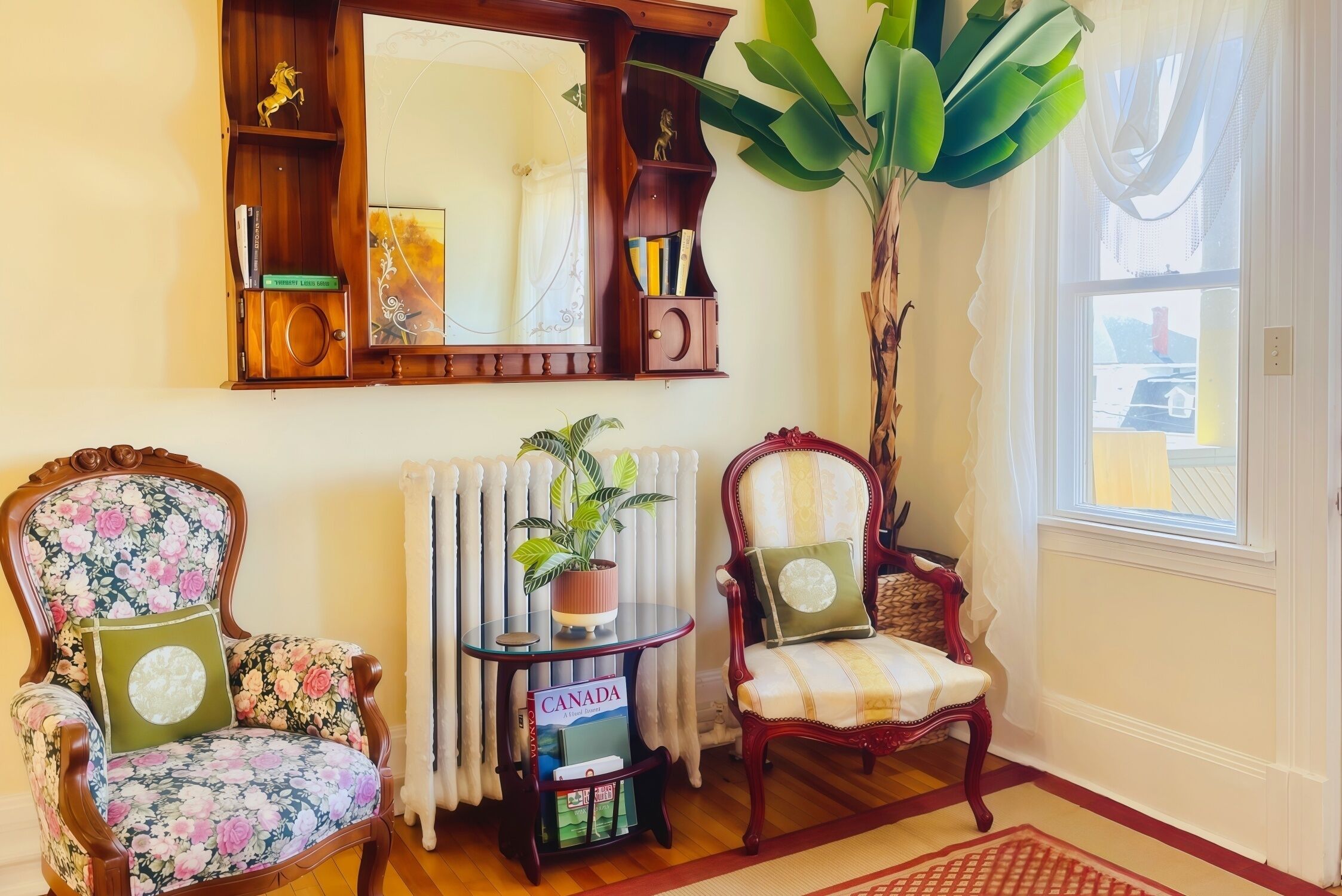 Una habitación acogedora con dos sillones, un espejo, un radiador y una ventana con cortinas.