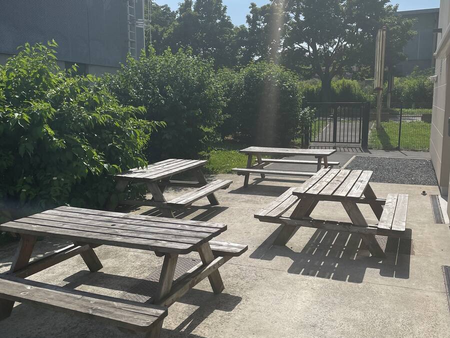 Mesas de picnic al aire libre dispuestas sobre una superficie de hormigón, con una tapa metálica de alcantarilla cerca.