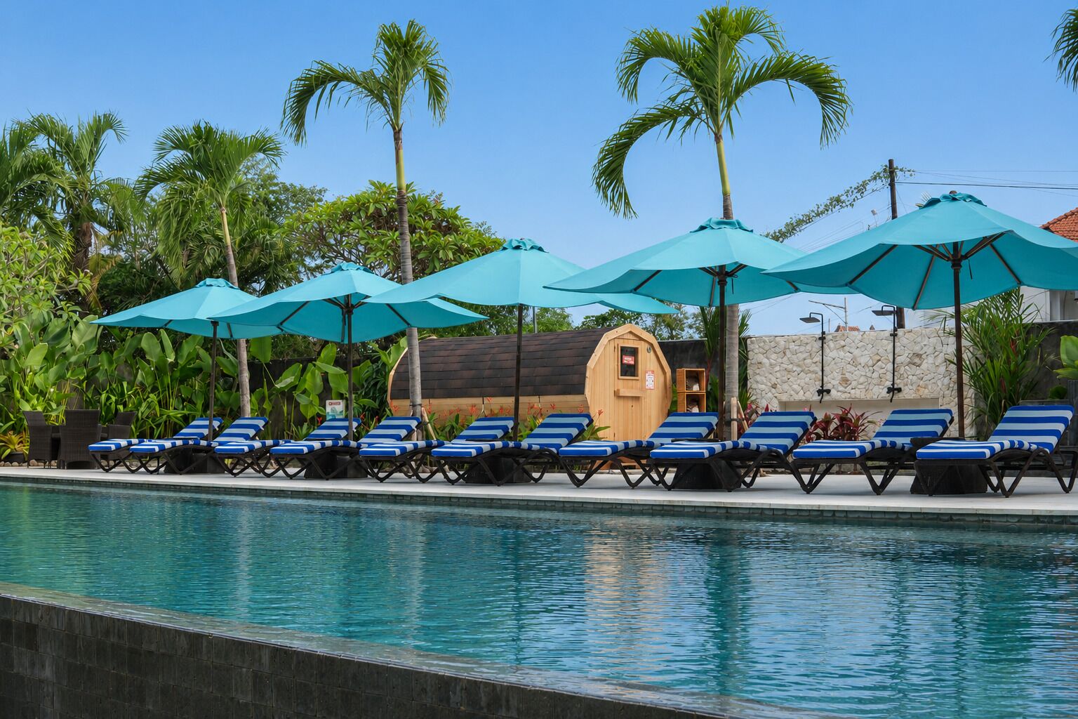 2 outdoor pools, open 7:30 AM to 8:00 PM, pool umbrellas, sun loungers
