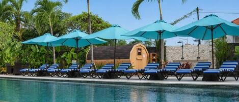 2 outdoor pools, open 7:30 AM to 8:00 PM, pool umbrellas, sun loungers