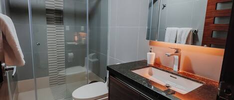 A modern bathroom with a glass shower enclosure, a white toilet, and a dark wood vanity with a sink.
