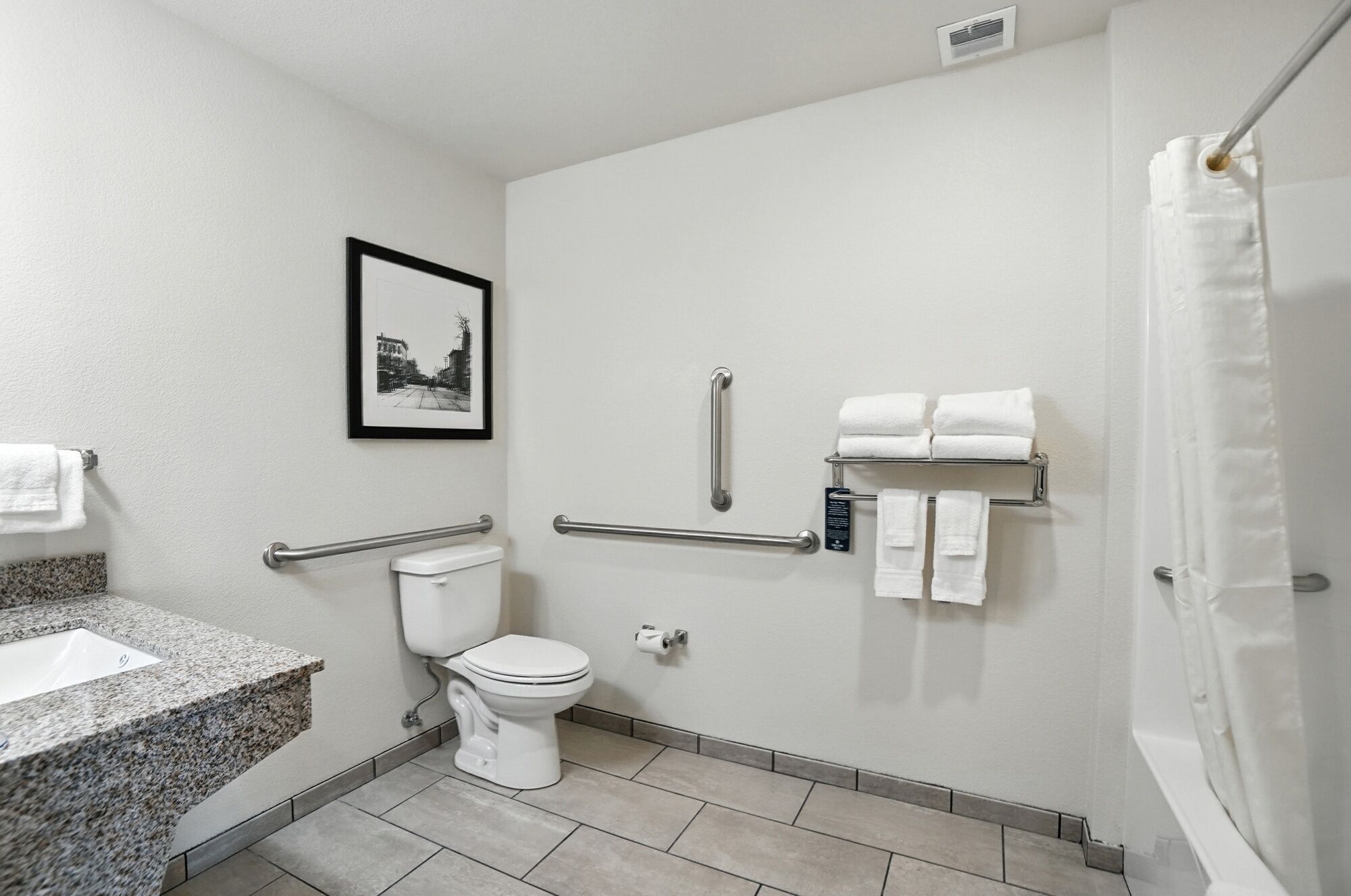 A bathroom with a toilet, grab bars, a sink, and a shower.