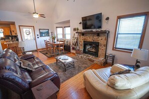 Télévision, cheminée, jeux vidéo, livres