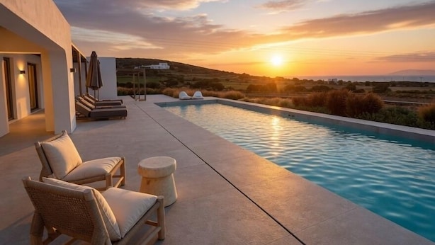 Un área de piscina moderna al aire libre con sillones de descanso y vistas al atardecer.