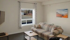 A living room with a sofa, a coffee table, a TV, and a window with curtains.