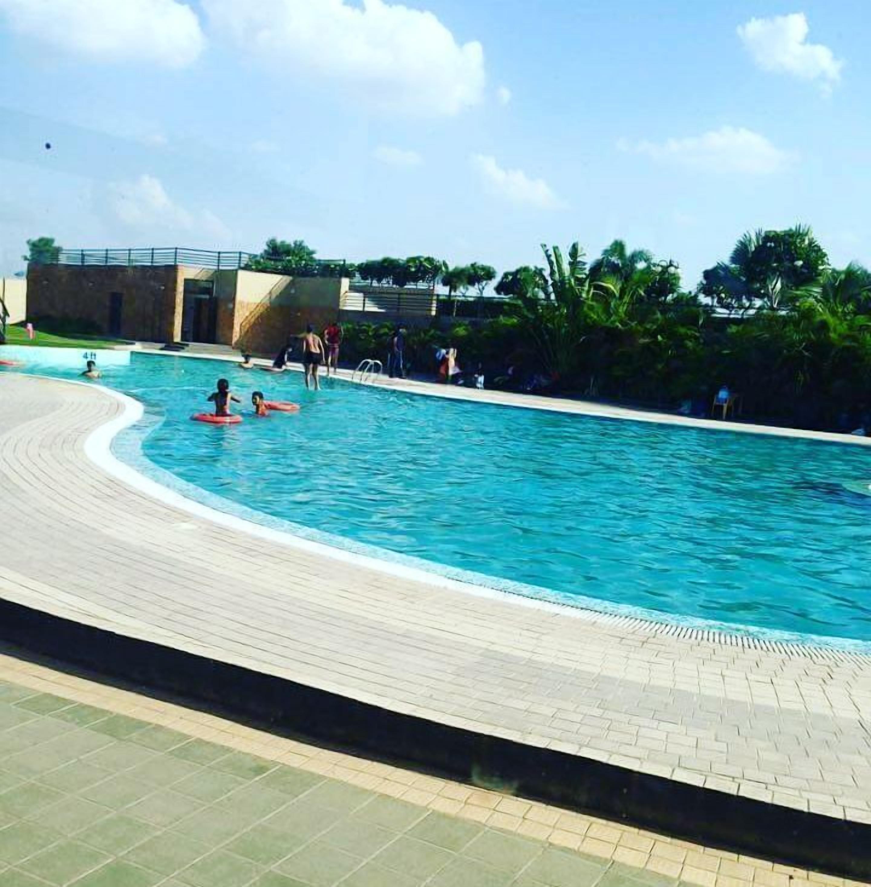 A swimming pool with a curved edge, surrounded by a paved walkway and greenery.