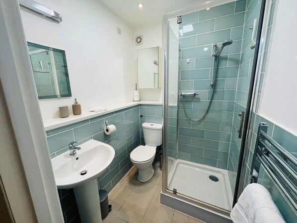 Shower, hair dryer, towels, soap
