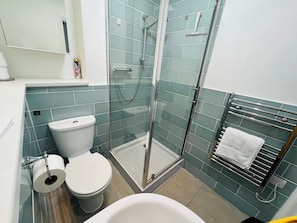 Shower, hair dryer, towels, soap