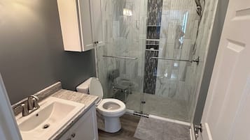 Hair dryer, towels, soap, shampoo