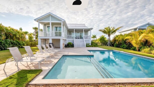 Une maison à deux étages avec une piscine, entourée de palmiers et sous un ciel dégagé.
