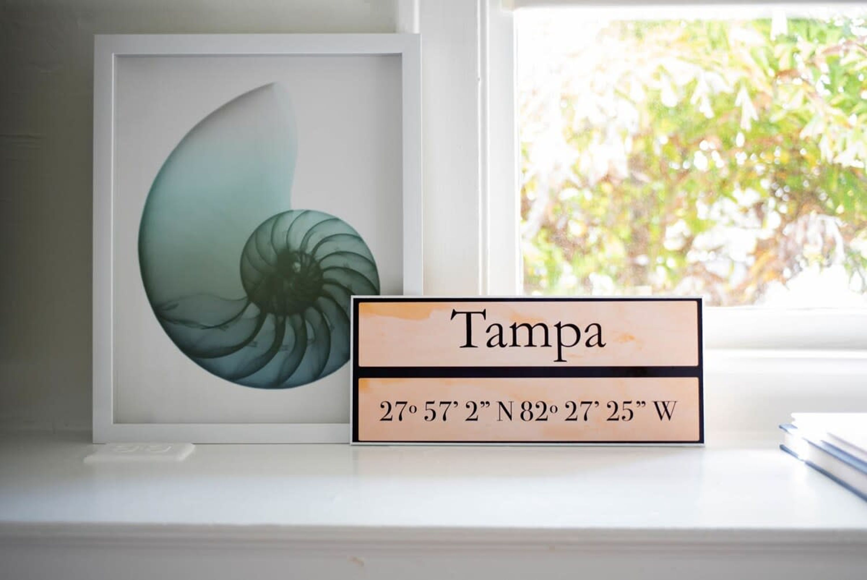 A framed artwork of a crescent moon with a spiral design, placed next to a sign indicating the location as Tampa with coordinates.