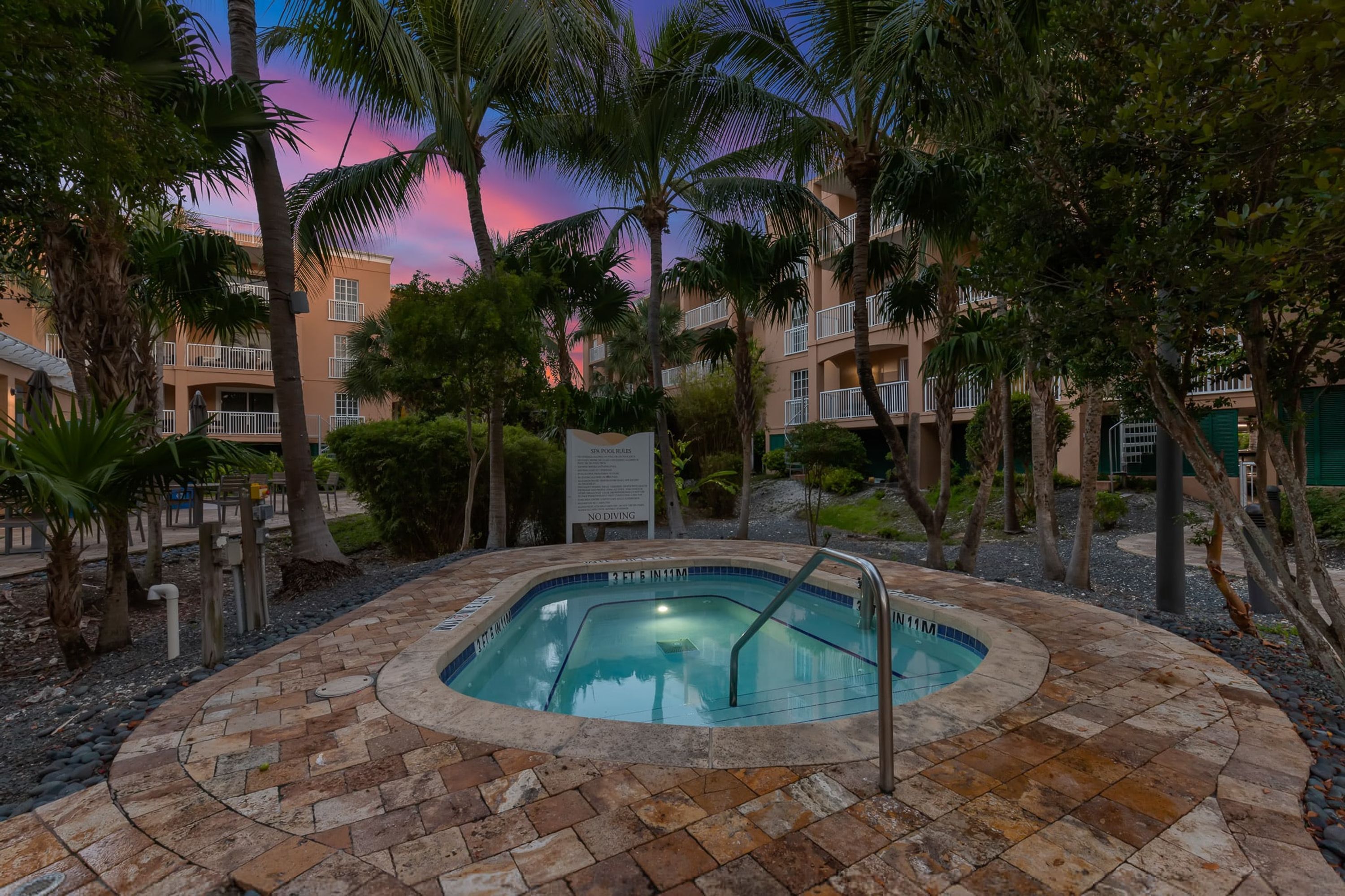A swimming pool with a no diving sign, surrounded by palm trees and a brick pathway.