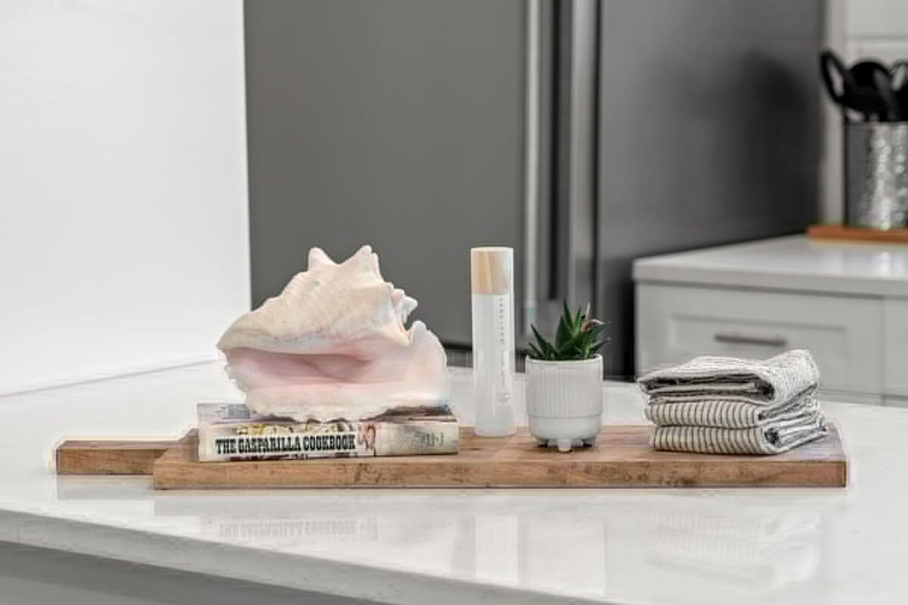 Un plan de travail de cuisine orné d’un coquillage décoratif, une petite plante en pot, une pile de serviettes pliées et un livre de recettes.