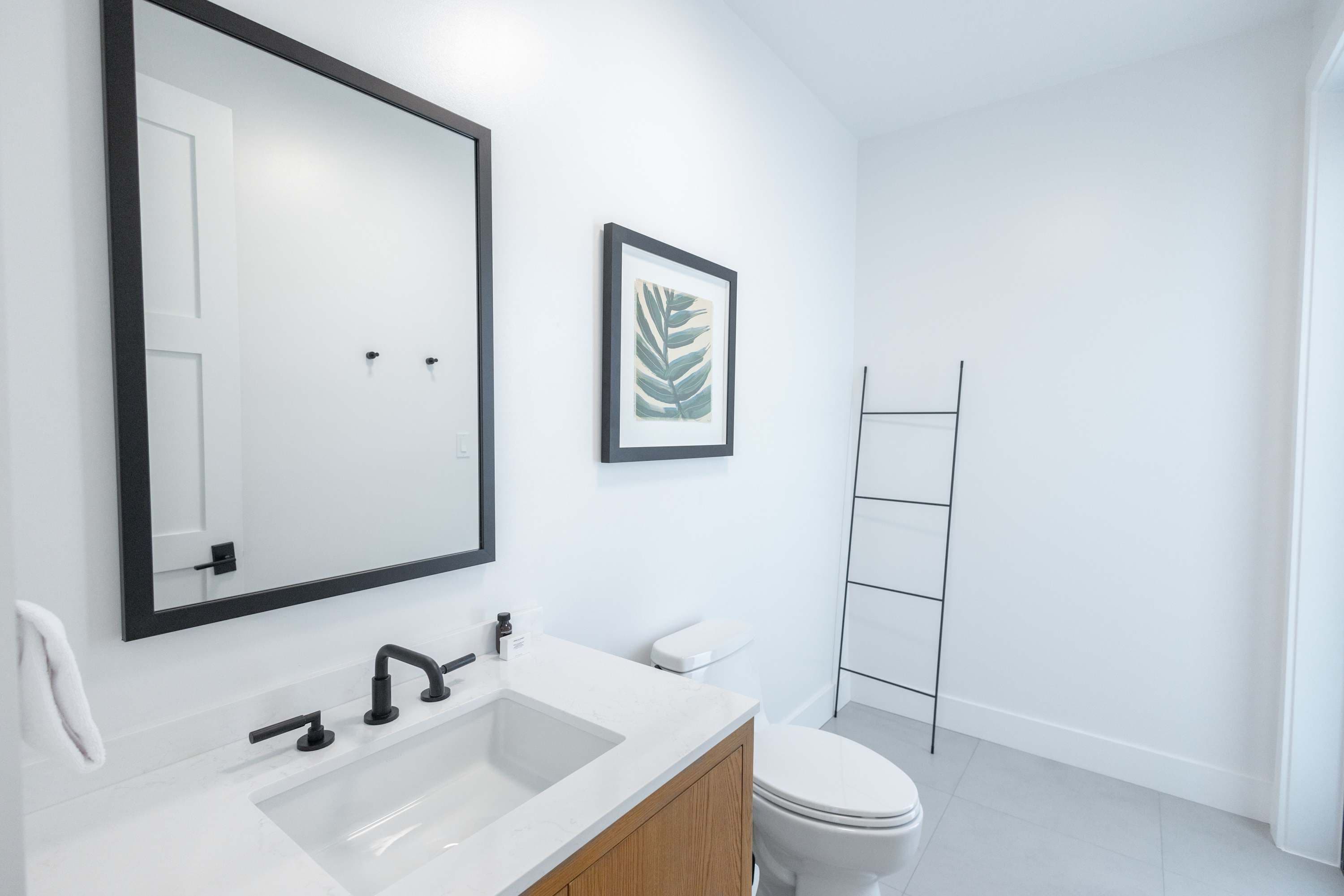 Un bany modern amb un lavabo blanc, un aixeta negra i una obra d'art amb fulles emmarcades a la paret.