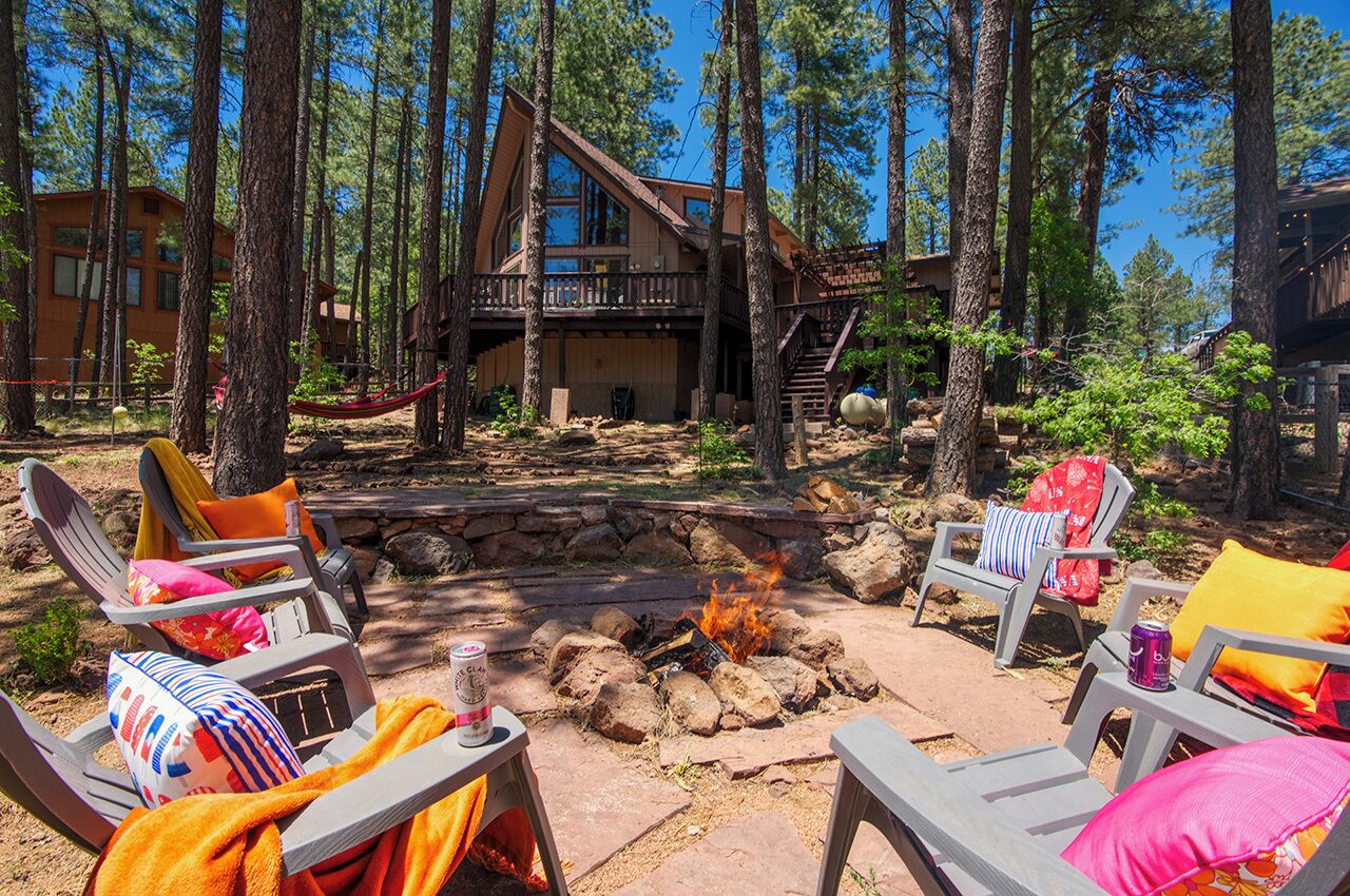 Une cabane avec un foyer et des chaises longues, située dans un cadre forestier.