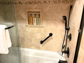 Hair dryer, towels, soap, shampoo