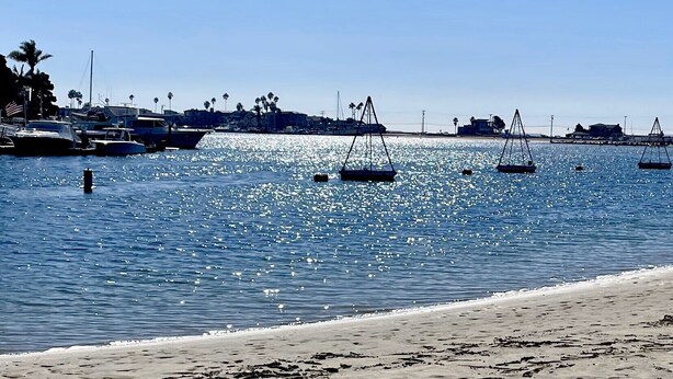 A marina with boats docked, a sandy beach, and palm trees in the background. - Steps from the sand, well-stocked, clean, family beach home. AC & easy pkg. (Long Beach)
