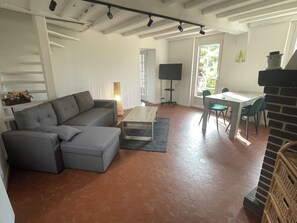 Smart TV, chimenea, libros