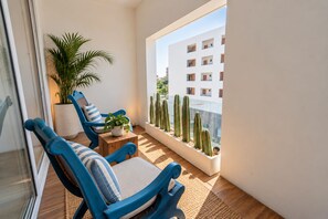 A balcony with two blue chairs, a potted plant, and a row of cacti.