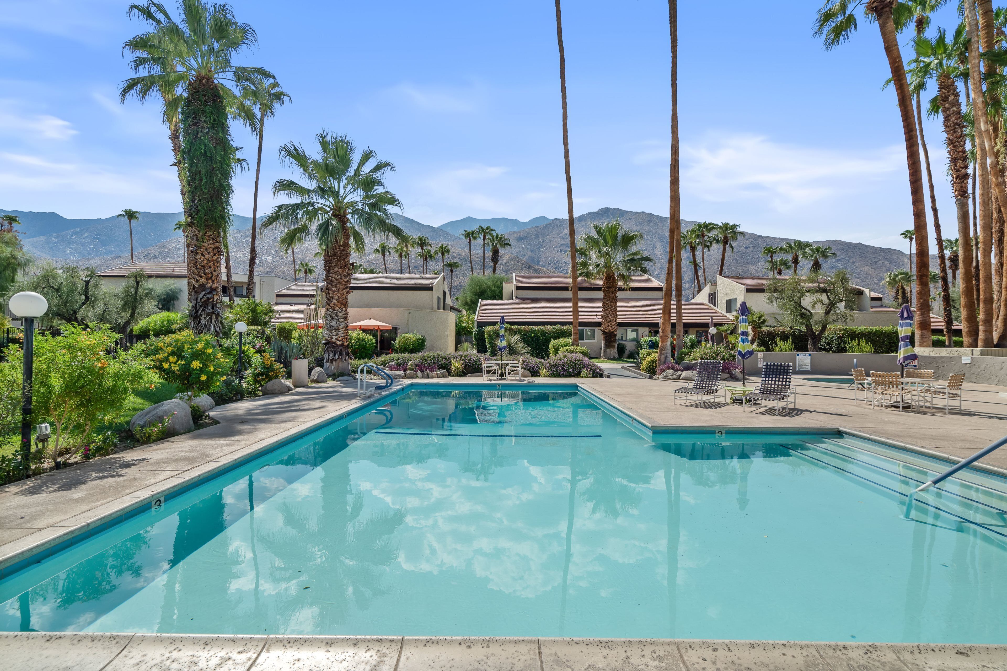 A swimming pool with lounge chairs and palm trees, surrounded by buildings and mountains.