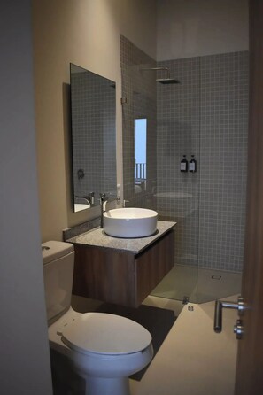 Shower, hair dryer, soap