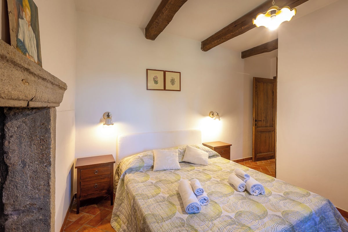 A bedroom with a bed, two bedside tables, a wooden door, and a stone fireplace.