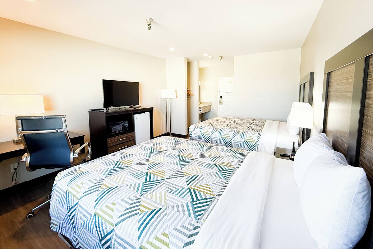 Une chambre d’hôtel comprenant un lit, un bureau avec un ordinateur, une télévision et un miroir.