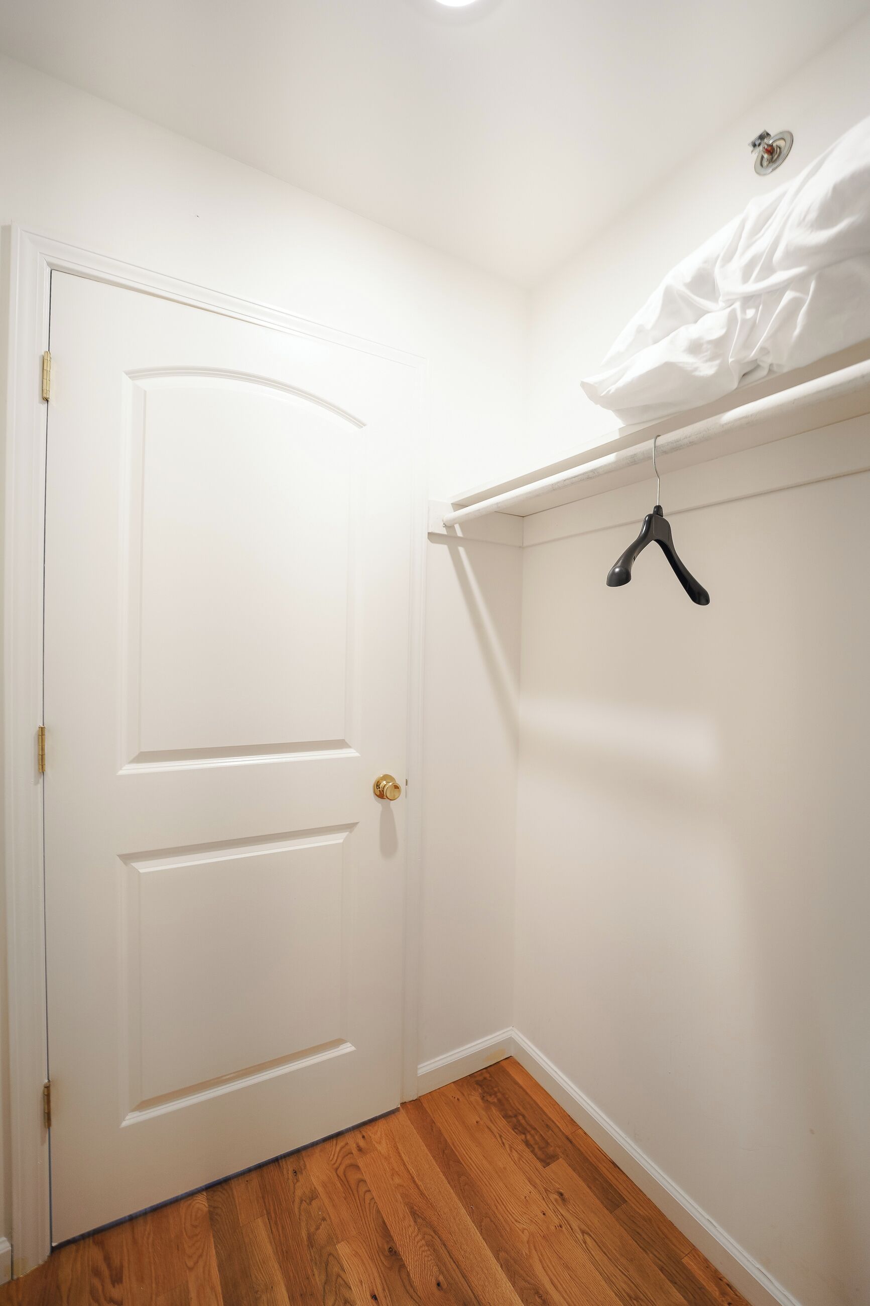 Une porte blanche avec une poignée de porte dorée, un plancher en bois et un placard avec une tringle à vêtements.