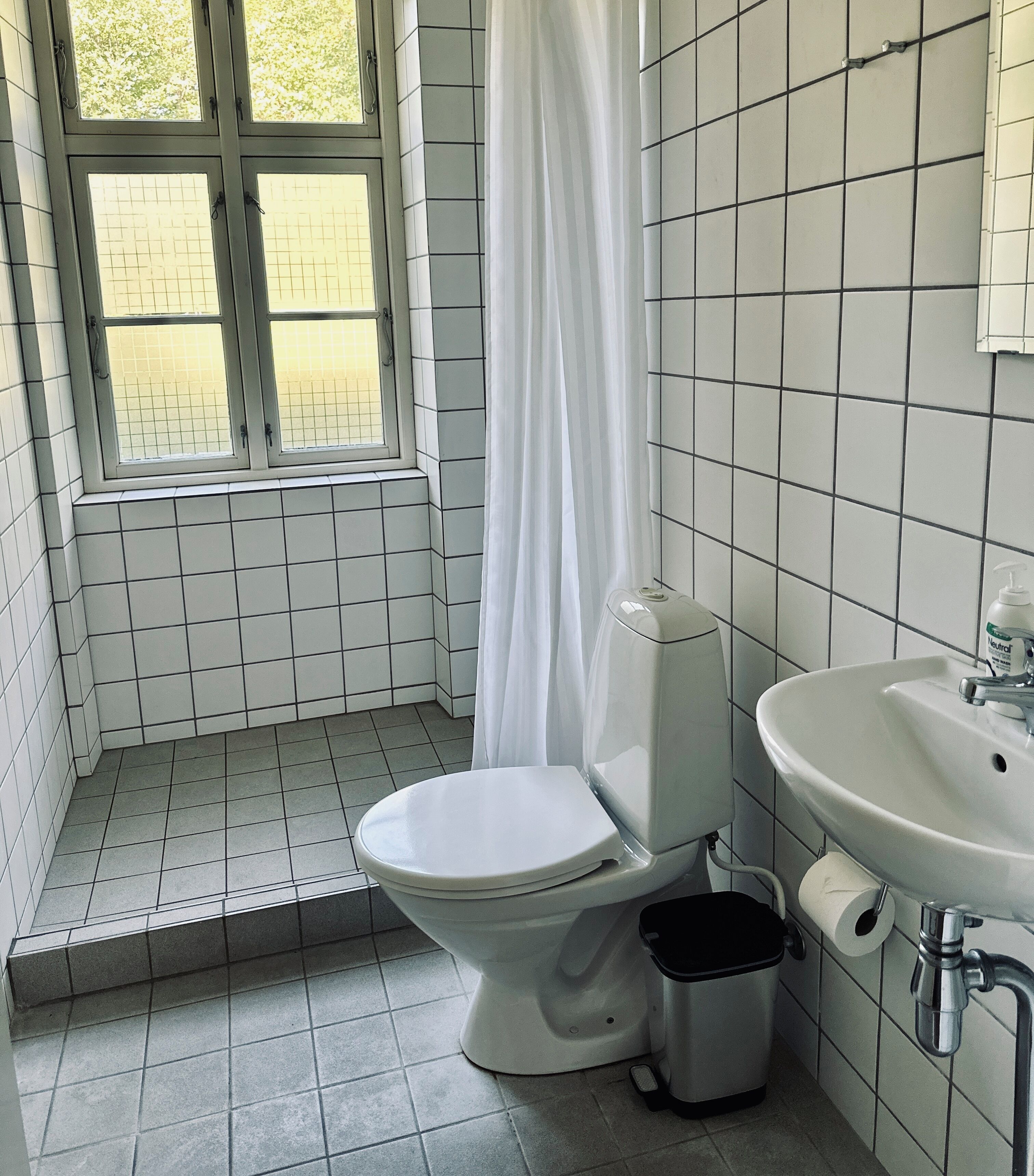 Pieni, siisti kylpyhuone, jossa on wc, pesuallas ja ikkuna.