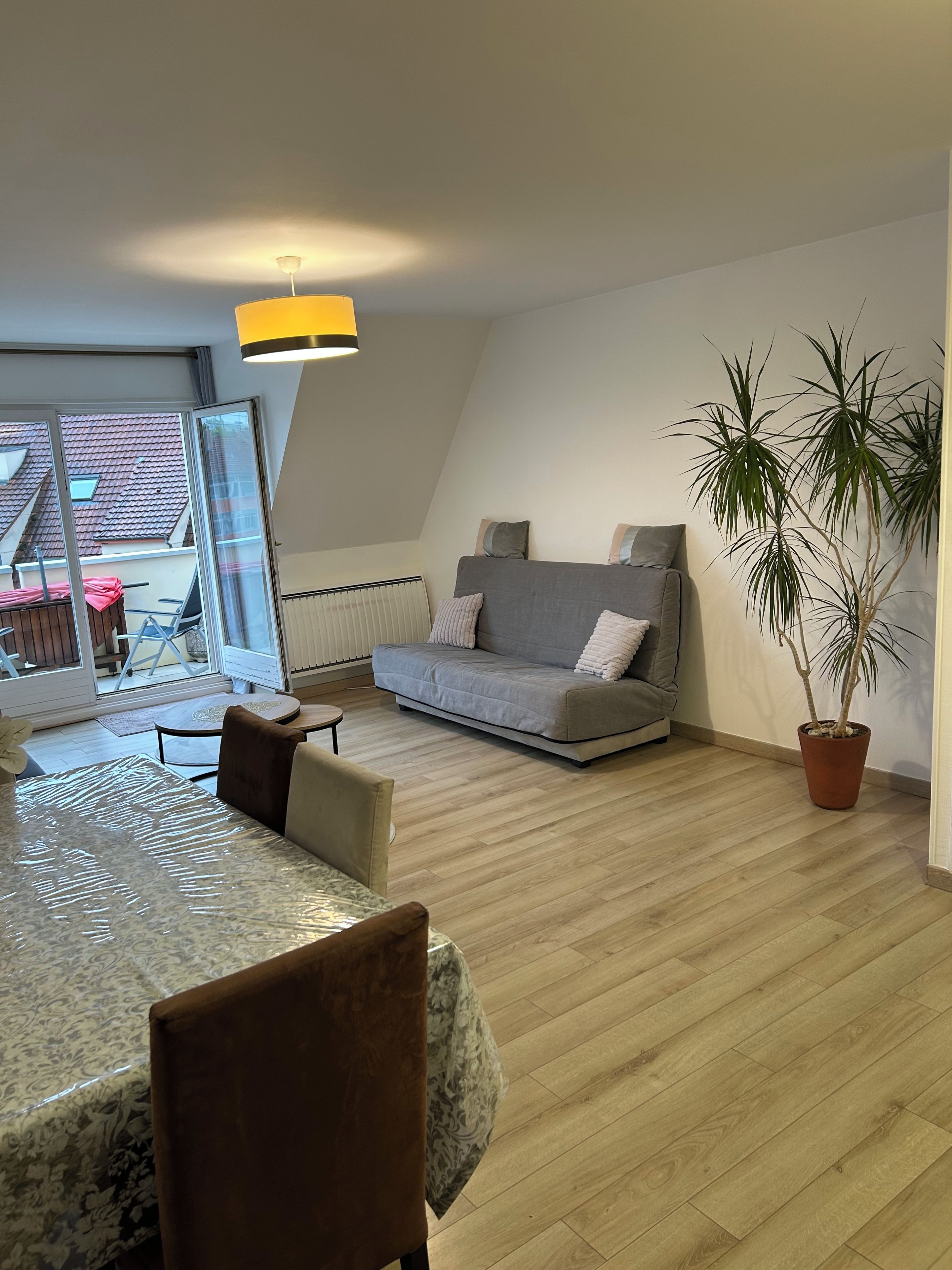 A modern living room with a sofa, a dining table, and a potted plant.