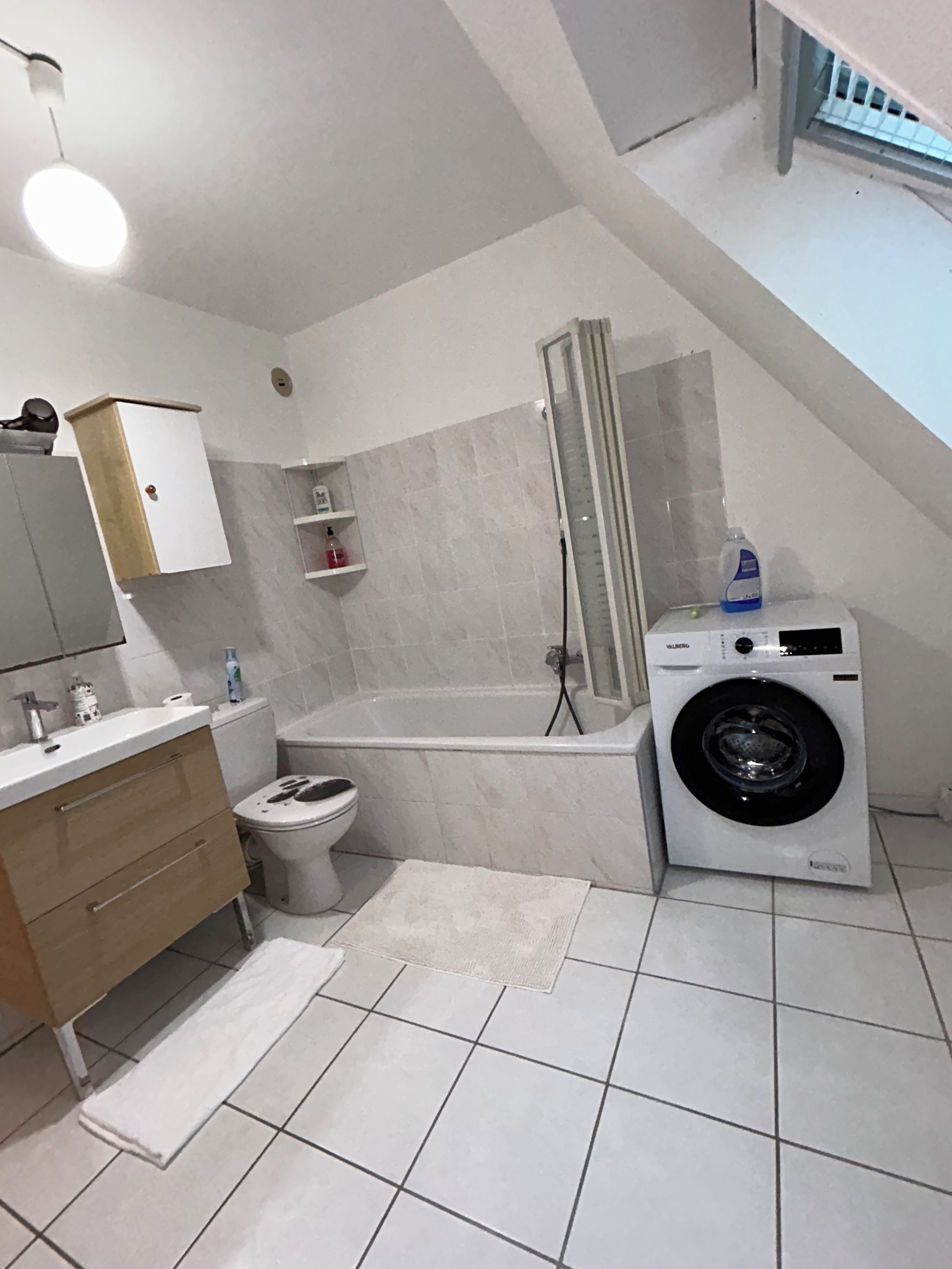 Ein modernes Badezimmer mit Toilette, Waschbecken, Waschtisch, Dusche und einer Waschmaschine.
