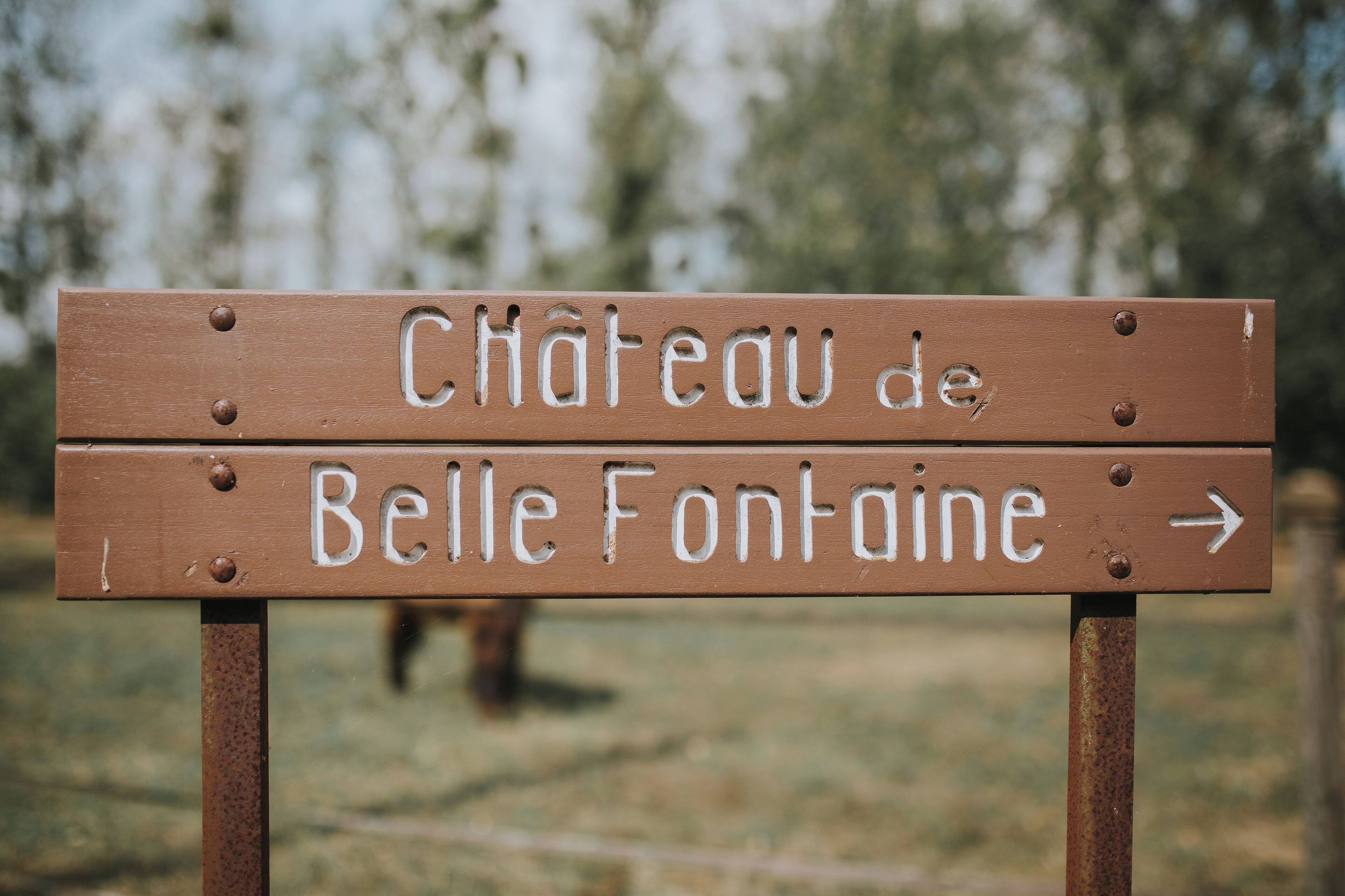 A wooden sign with the text "Château de Belle Fontaine" and an arrow pointing to the right.