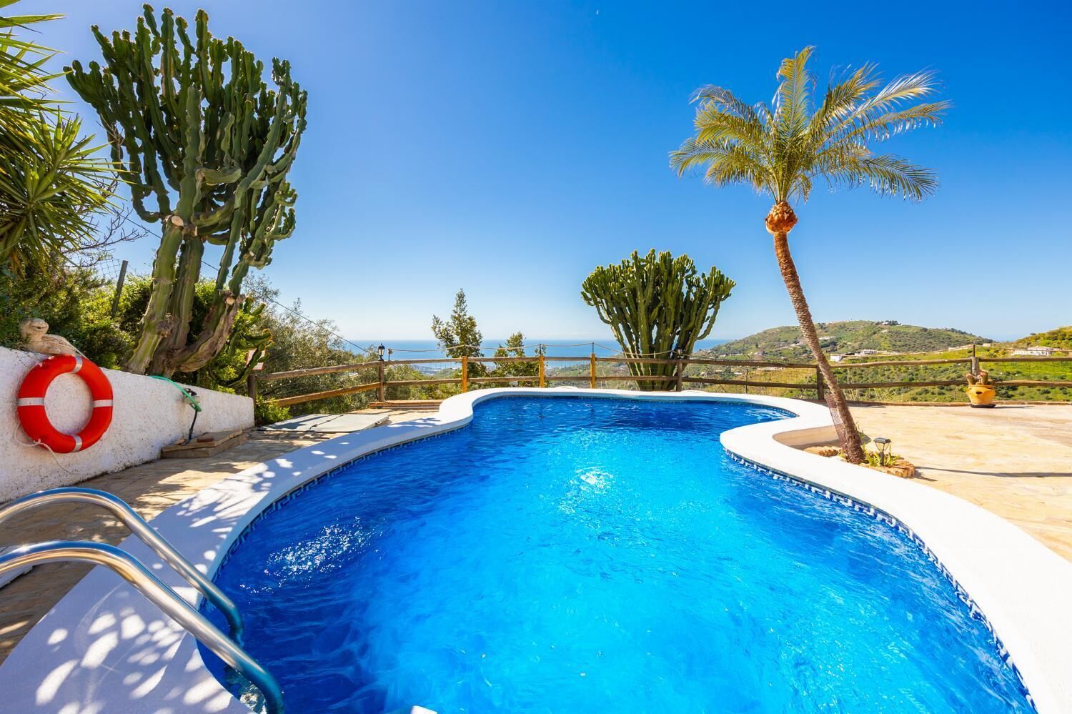 Une piscine équipée d’une bouée de sauvetage, entourée de cactus et de palmiers, et offrant une vue imprenable sur un paysage magnifique.