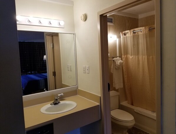 A bathroom with a sink, mirror, and toilet.