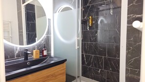 Hair dryer, towels, soap, toilet paper