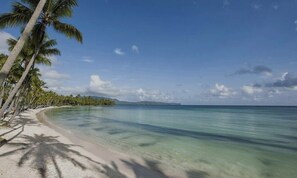 A beach with clear turquoise water, palm trees, and a distant mountain range. - Las Terrenas, Beach Front, Water Views, Best Location 1 bed/bath, AC, WiFi, Pool (Las Terrenas)