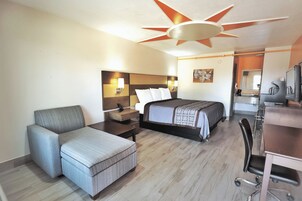 Desk, laptop workspace, blackout drapes, soundproofing