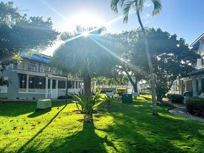 A residential area with a well-maintained lawn, palm trees, and houses with balconies.
