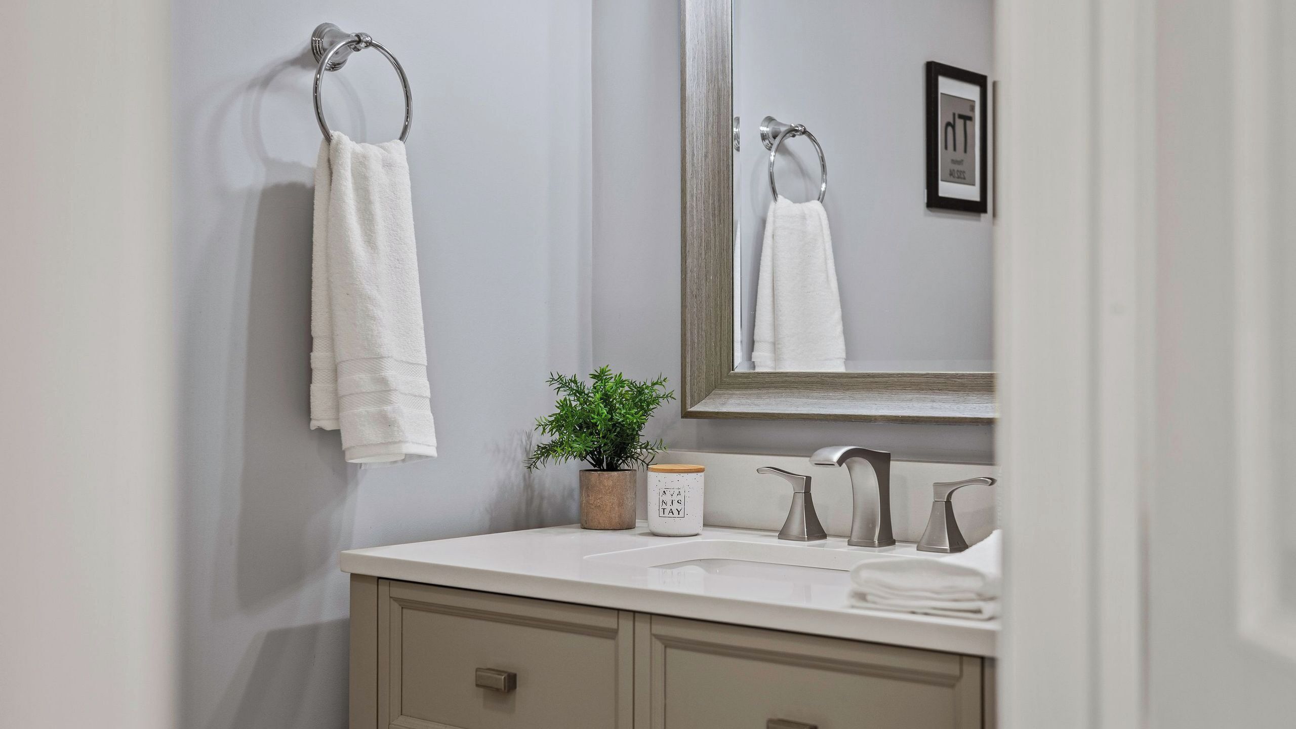 Un baño con un lavamanos blanco, un espejo, un aro para toallas, una planta en maceta y un cuadro en la pared.