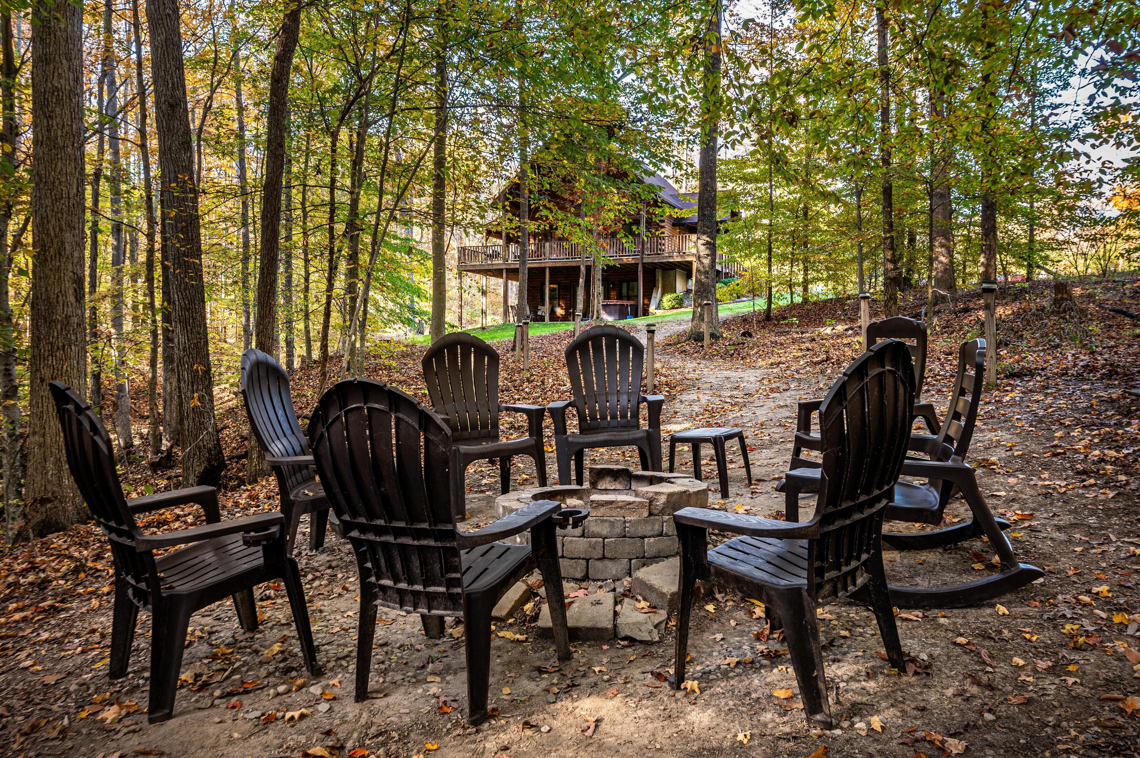 Private fire pit surrounded by peaceful wooded seclusion