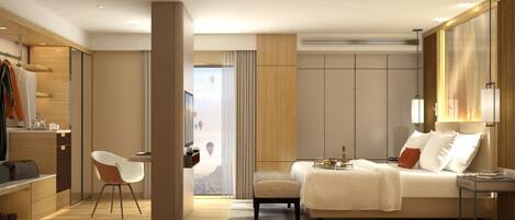 A modern hotel room with a bed, bedside table, chair, and a view of the mountains through a large window.
