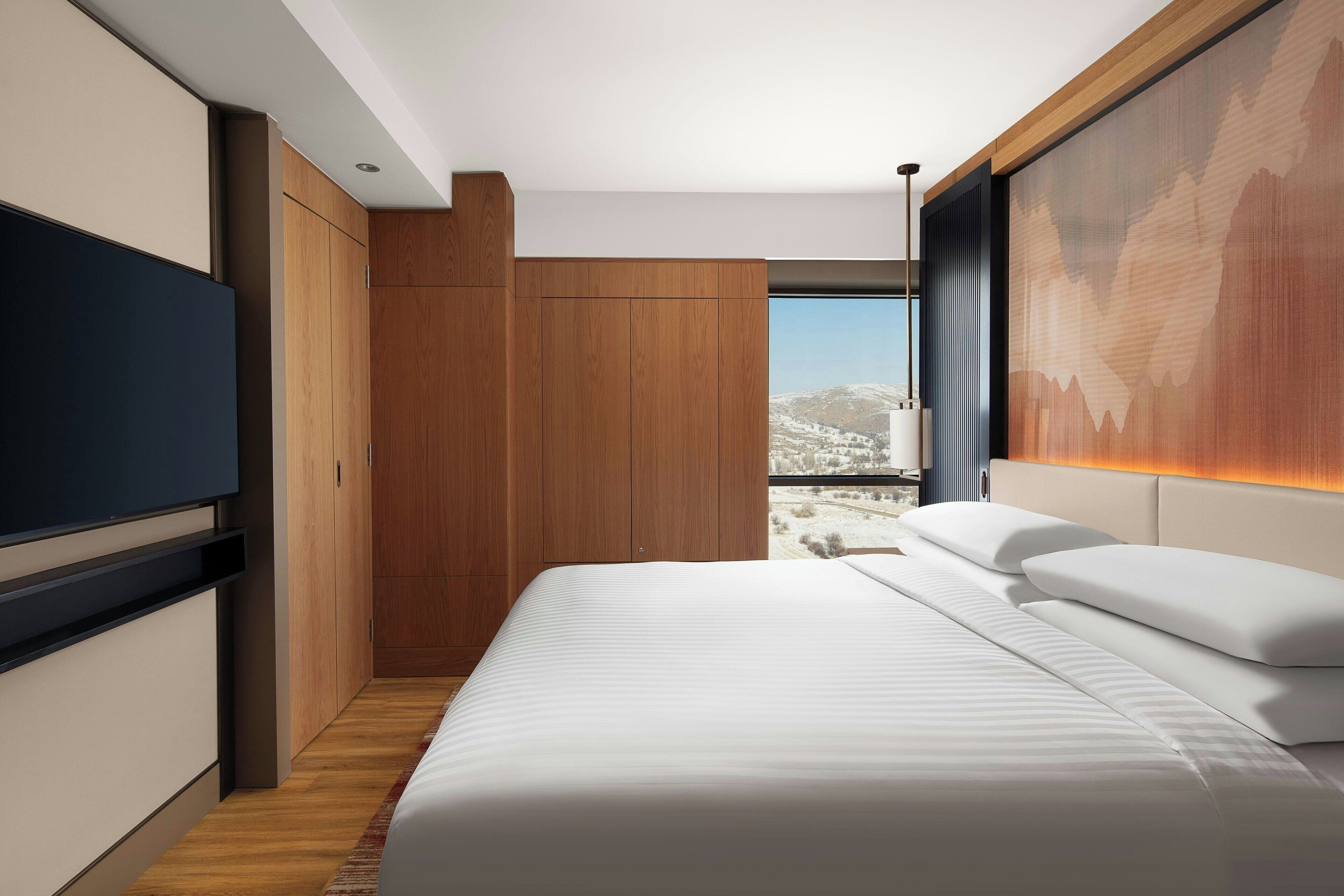 Un dormitorio moderno con una cama grande, un armario de madera y un televisor en la pared izquierda.