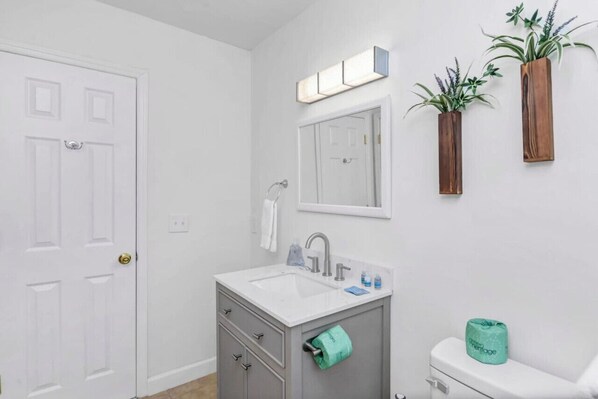 A bathroom with a white door, a sink with a mirror above it, and two wooden vases with plants on the wall.