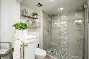 Shower, eco-friendly toiletries, hair dryer, towels